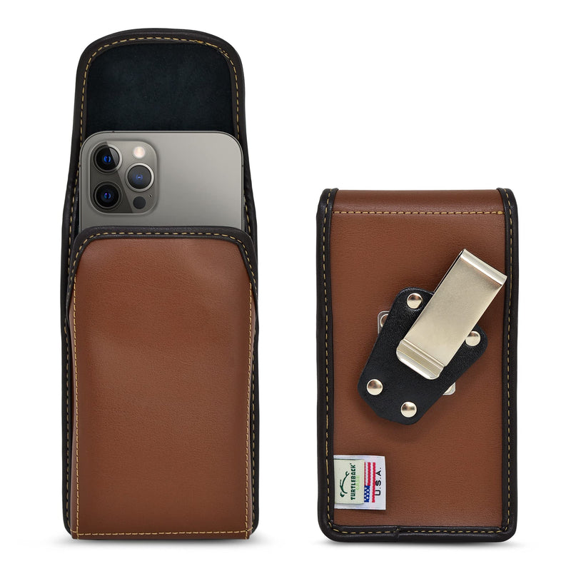 Turtleback Brown Belt Case for iPhone 16 Pro, 16e, 15 Pro, 14 Pro, 13 - Small – Fits Slim Thin Style Cases, Vertical Holster Leather Pouch with Heavy Duty Rotating Belt Clip, Vertical - Leather w/ Metal Clip