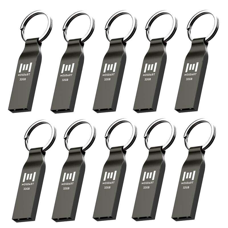 MOSDART 32GB Metal USB 2.0 Flash Drive 10 Pack Bulk Waterproof 32G FAT32 Thumb Drive Jump Drive Memory Stick with Keychain, Titan Gray 10Pack 32GB-Titan Gray