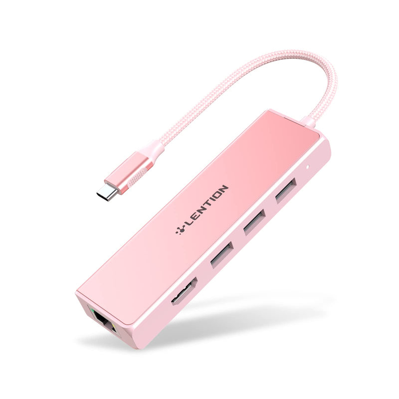 LENTION USB C Hub with Gigabit Ethernet Adapter, 4K HDMI, 3 USB 3.0 Dongle for 2022-2016 MacBook Pro 13/14/15/16, New Mac Air & Surface, Chromebook, More, Stable Driver Certified (CB-C25, Rose Gold)