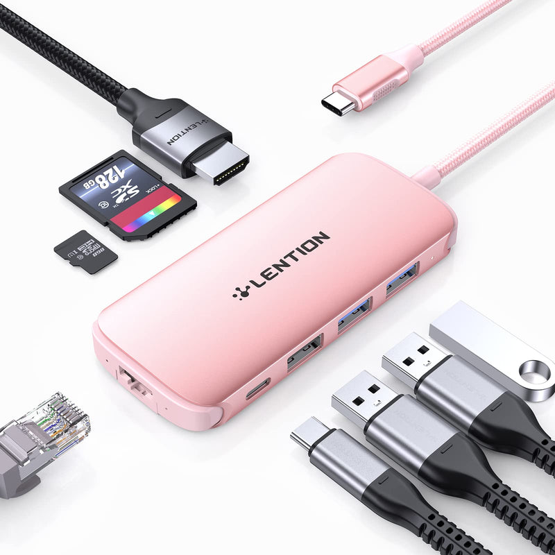 LENTION Ultra-Thin USB C Hub with Ethernet, 4K HDMI, USB 3.0/2.0, Card Readers & PD Adapter for 2022-2016 MacBook Pro 13/15/16/M1, New Mac Air & Surface, Chromebook, More (CB-C48, Rose Gold)