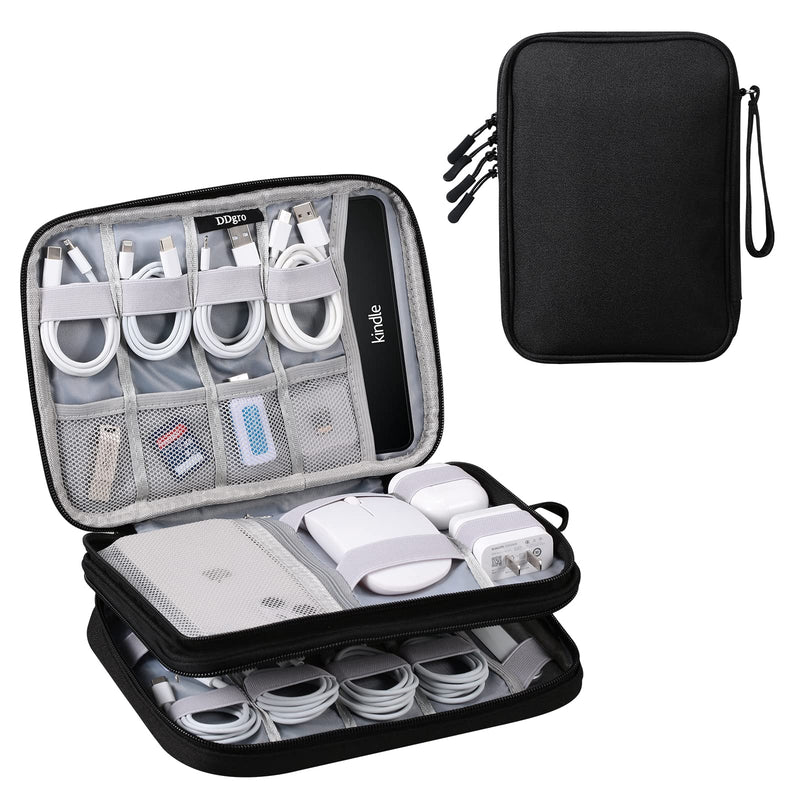 DDgro Travel Electronics Organizer Pouch Bag for Tech Gadgets & Airplane Accessories, for Cables/Cords & Chargers/iPad Mini/Kindle (Large, Black) Black-Large Large