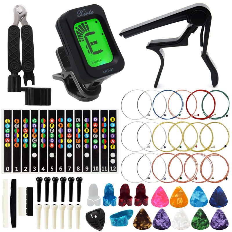 [AUSTRALIA] - Anvin Acoustic Guitar Accessories Kit - Including Guitar Strings, Tuner, Capo, Restring Tool, Pick Holder, Bridge Pins, Guitar Nuts and Saddles, Finger Picks (53 Pcs) Update Kit-52Pcs 