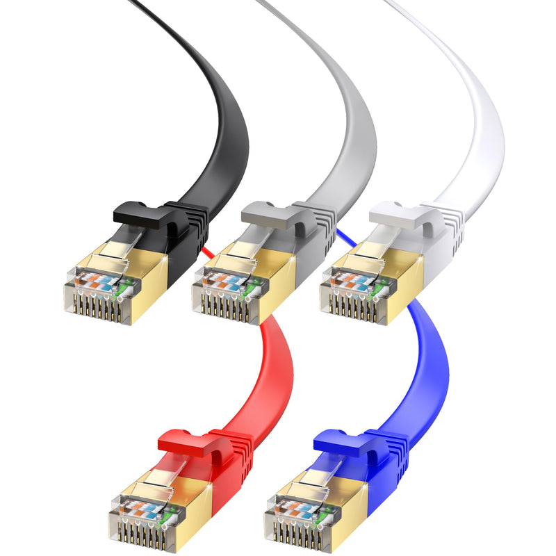 Maximm Cat7 Flat Ethernet Cable 50 Ft, 600 MHz, Shielded RJ45, Multicolor, 5 Pack 50 Feet