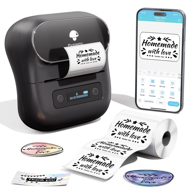 [AUSTRALIA] - Phomemo M220 Label Maker,Thermal Label Printer,Upgrade Bluetooth Label Sticker Maker Machine, Multiple Template Font for Home,Office,Business,Organization,Inkless Printer Compatible with Phone &Laptop Black 1 Printer + 1 Roll Labels 