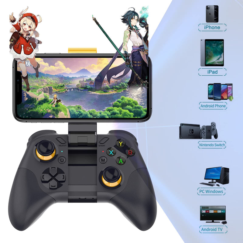 TJPD Wireless Mobil Phone Game Controller with Phone Holder, Compatible with iOS 13.4+, Android, Switch, PC, STEAM, TV Box. (Black) Black
