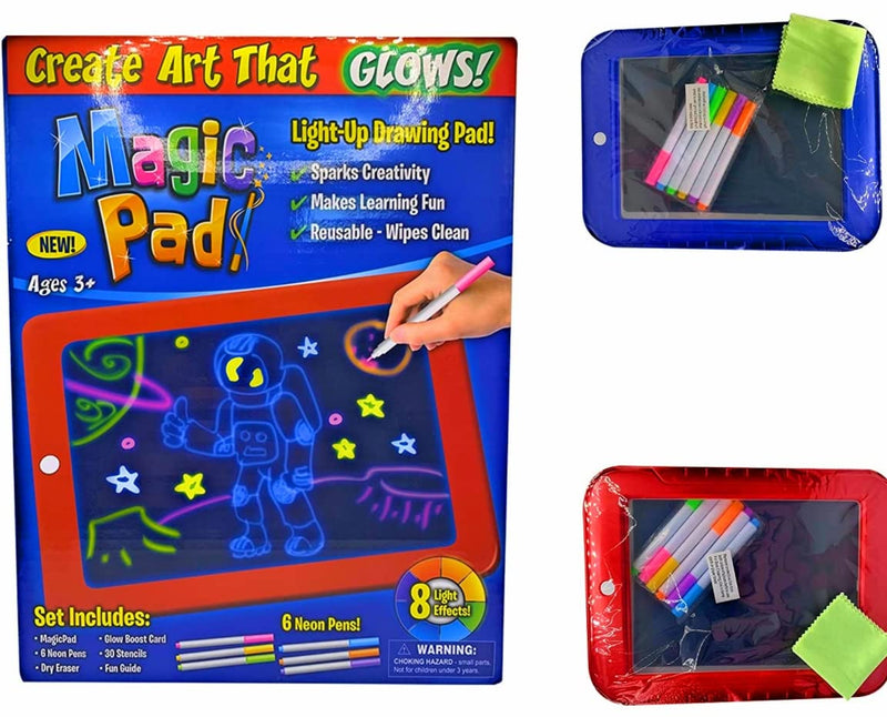 waheed LED Drawing Tablet,Magic Pad , Includes Smooth Fun Guide. Glow Boost , 6Double Sided Markets, 42 Stencils, Dry Erasers., Blue, 10.3*7.8*0.8