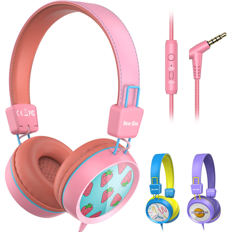 Kids Headphones for School with Microphone New bee KH20 HD Stereo Safe Volume Limited 85dB/94dB Foldable Lightweight On-Ear Headphone for PC/Mac/Android/Kindle/Tablet/Pad (Pink) Pink