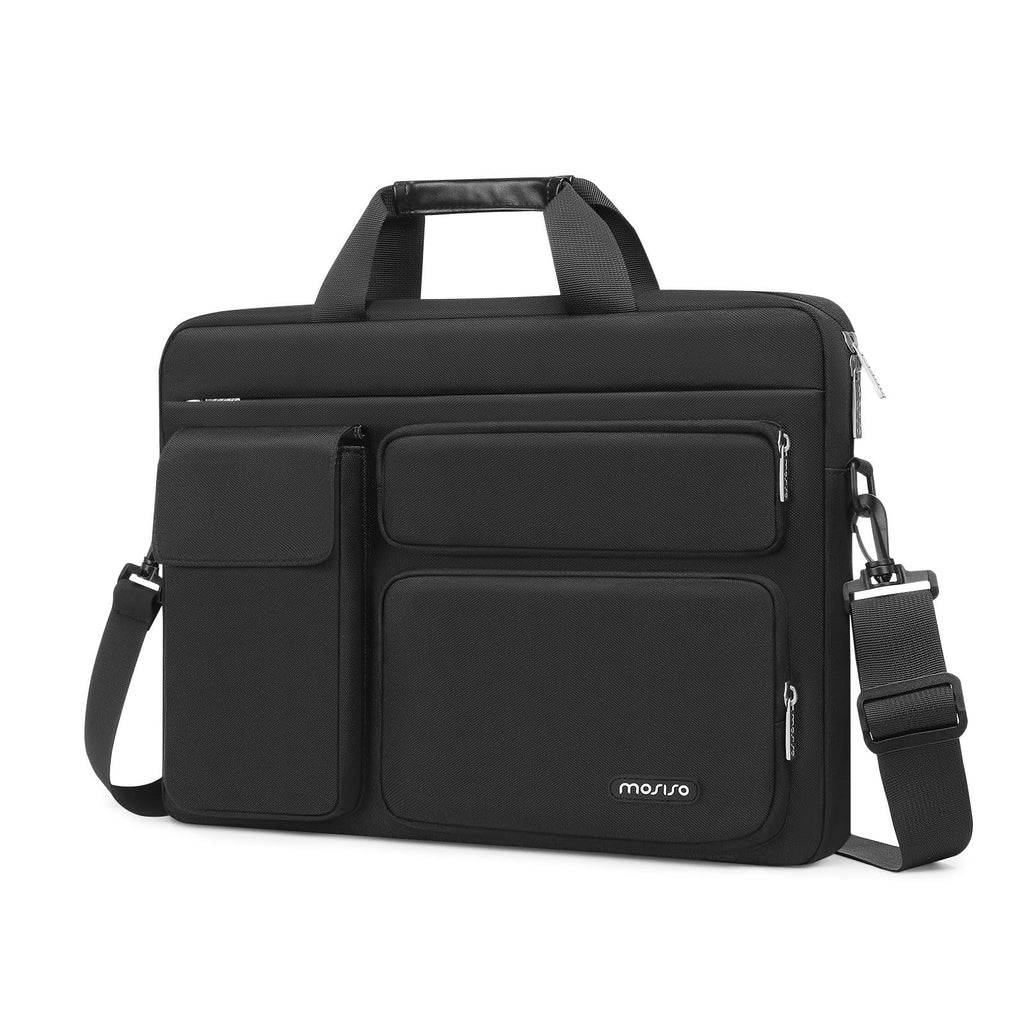 MOSISO Laptop Shoulder Bag Compatible with MacBook Air 15 inch M3 M2 2024 2023/Pro 16 M3 M2 M1 2024-2019,15-15.6 inch Notebook with 2 Raised&1 Flapover&1 Horizontal Pocket&Handle&Belt, Black 16 inch