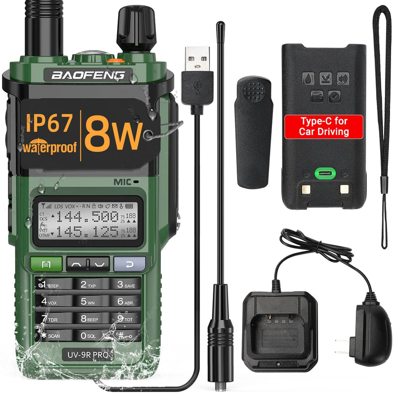 BAOFENG UV-9R Pro 8W Ham Radio Long Range Handheld Dual Band Tri- Power Two-Way Radio Waterproof Transceiver Walkie Talkies Rechargeable with Type-C Charger Cable Green