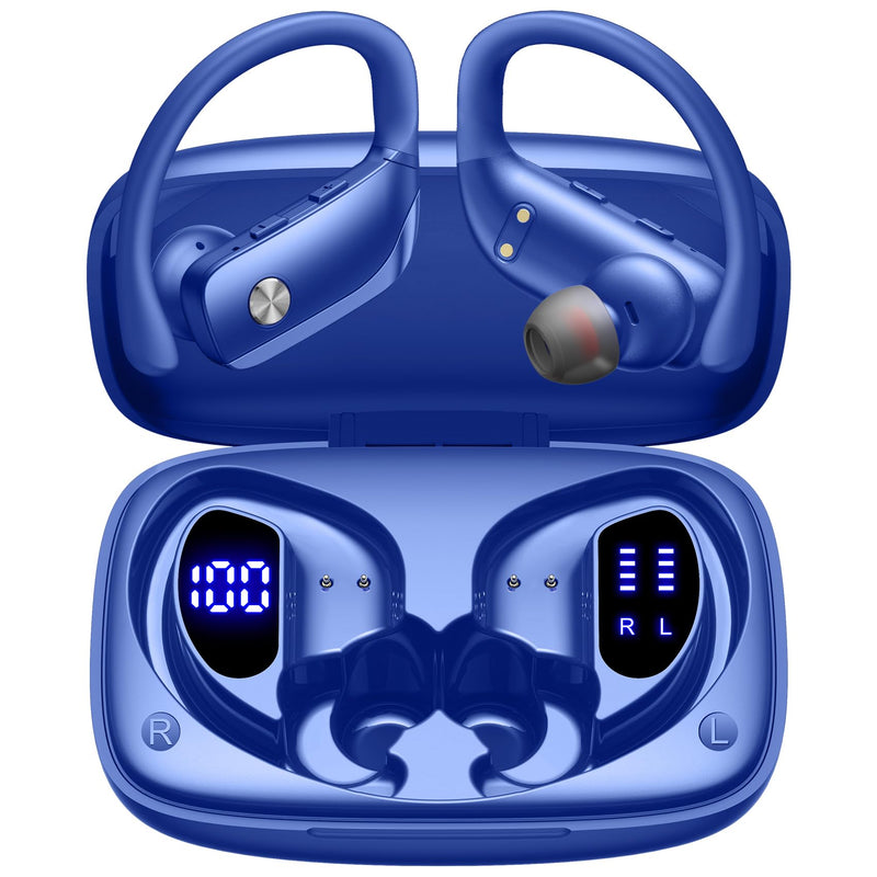 bmani Ear Buds Wireless Earbuds Bluetooth Headphones with 80H Playtime LED Display Case, Over-Ear Hook with Mic, Stereo Sound, Easy Button Controls, Sports Earphones for Running Workout Gym Blue AI Buds Pro