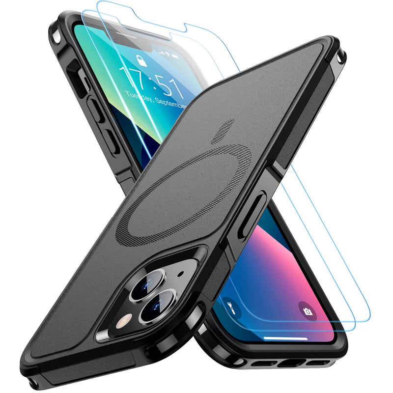 SPIDERCASE Designed for iPhone 13 Case, with [2 Pcs Tempered Glass Screen Protector] Compatible with Magsafe Shockproof Anti-Drop Military Protective Cover for iPhone 13 6.1 inch (Black) Magnetic Black