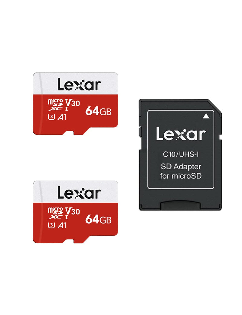 Lexar 64GB Micro SD Card 2 Pack, microSDXC UHS-I Flash Memory Card with Adapter - Up to 100MB/s, U3, Class10, V30, A1, High Speed TF Card (2 microSD Cards + 1 Adapter) 64GB x 2