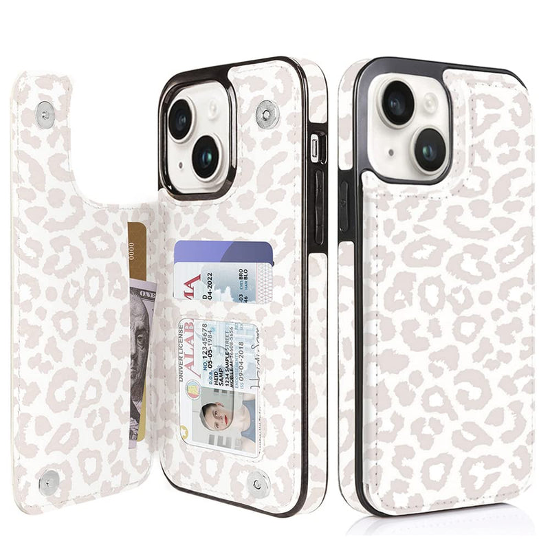 uCOLOR Flip Leather Wallet Case Card Holder Compatible with iPhone 13 6.1 iPhone 14 6.1 Women and Girls with Card Holder Kickstand (Beige Leopard) Beige