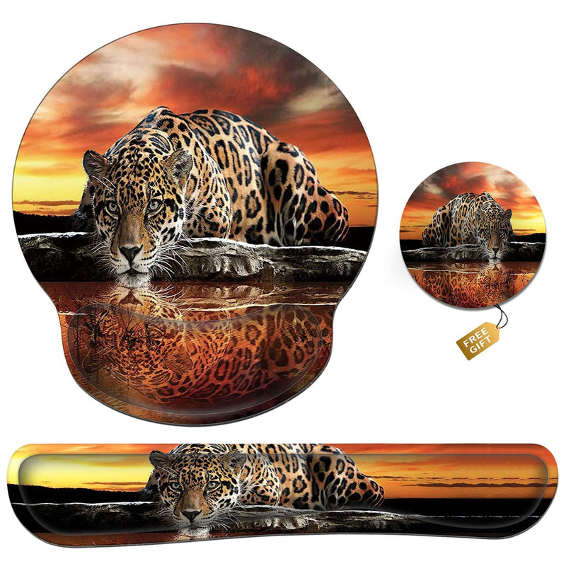 Ergonomic Mouse Pad Wrist Support & Keyboard Wrist Rest Set (with Coaster), Memory Foam Gel Keyboard Moue Pads Combo for Easy Typing Pain Relief Computer Laptop Office-Leopard Drinking Leopard Drinking