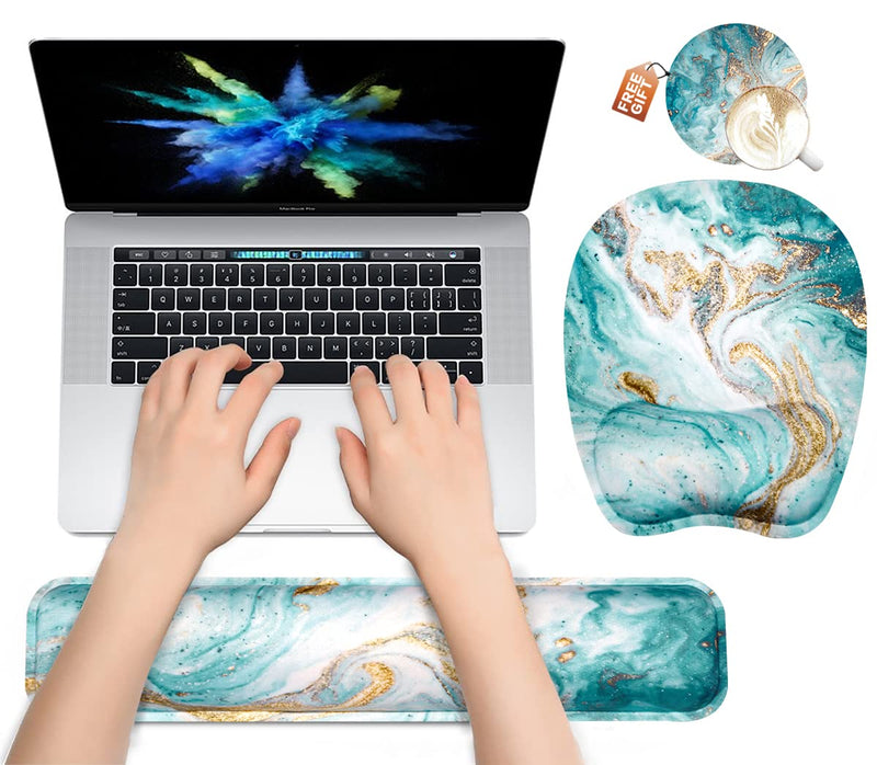 Keyboard Wrist Rest Mouse Pad Wrist Support for Computer/Laptop Memory Foam Keyboard Pad Ergonomic Hand Rest Wrist Cushion for Home Office Gaming - Green Marble