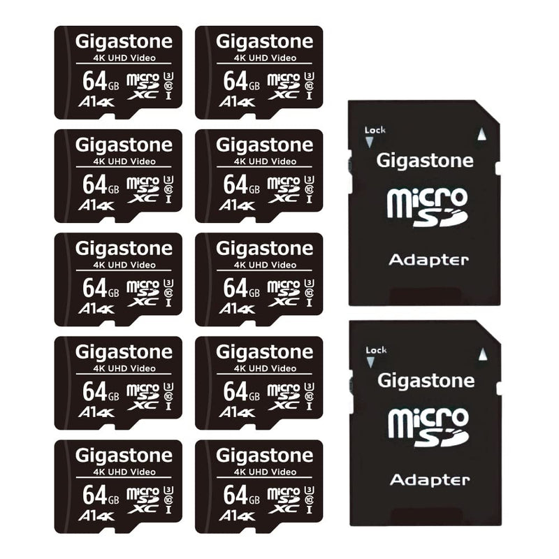 Gigastone 64GB 10-Pack Micro SD Card, 4K UHD Video, Surveillance Security Cam Action Camera Drone Professional, 90MB/s Micro SDXC UHS-I A1 Class 10 4K UHD Video 64GB 64GB 4K UHD Video 10-Pack