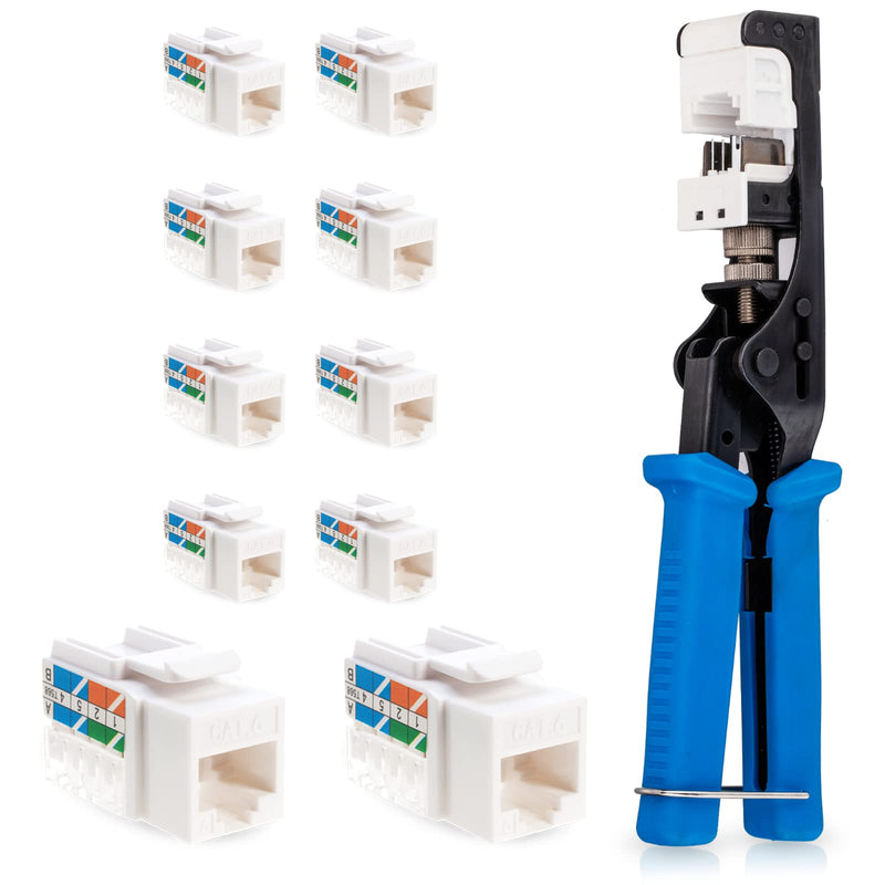 Speed Termination Tool - Easy Punch Down with Stainless Steel Blades For 45 Degree RJ45 LAN Cat6 / Cat5e Keystone Jacks + 10 White Cat6 Keystones Jack Connectors Kit 10 Pack (Cat6)