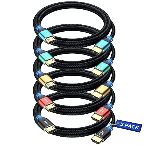 Maximm HDMI 2.1 Cable 8K 8 Ft, Multicolor, 5-Pack, 48 Gbps, Braided, eARC, HDR
