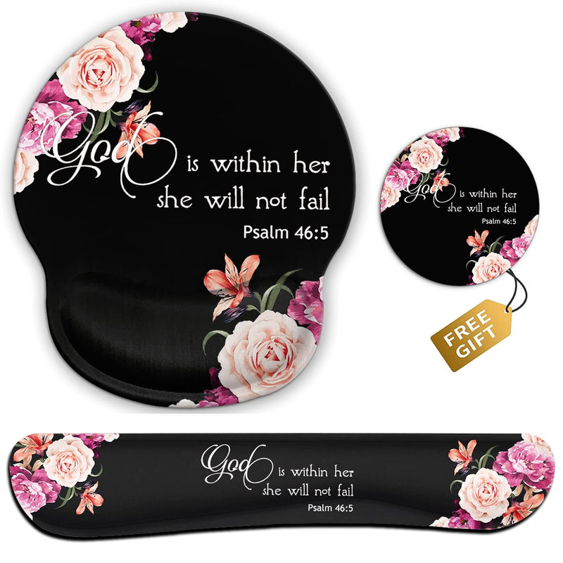 Keyboard Wrist Rest Pad and Ergonomic Mouse Pad Wrist Support Set for Computer, Gaming , Office, Pain Relief + Coasters，Peony Flower Psalm 46:5 God is Within Her, She Will Not Fall Fd-wristrest-3