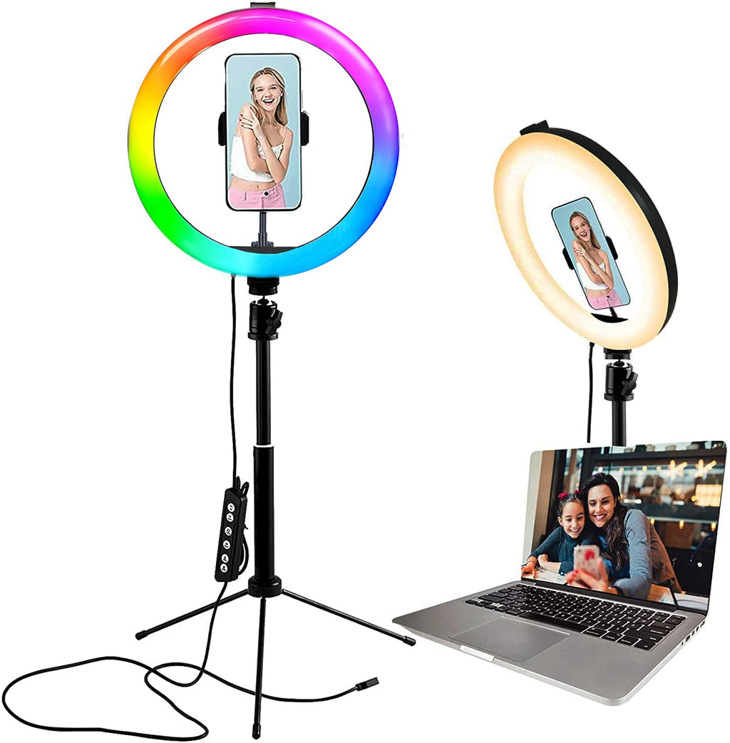 10.2‘’ Selfie Ring Light with Stretched Stand and Phone Holder, ORAJAR Desk LED Light with 14 RGB Colors & 3 Normal & 10 Dimmable Leves for TikTok YouTube Video Makeup Photography Live Stream Desk RGB Ring Light with 14'' Stand