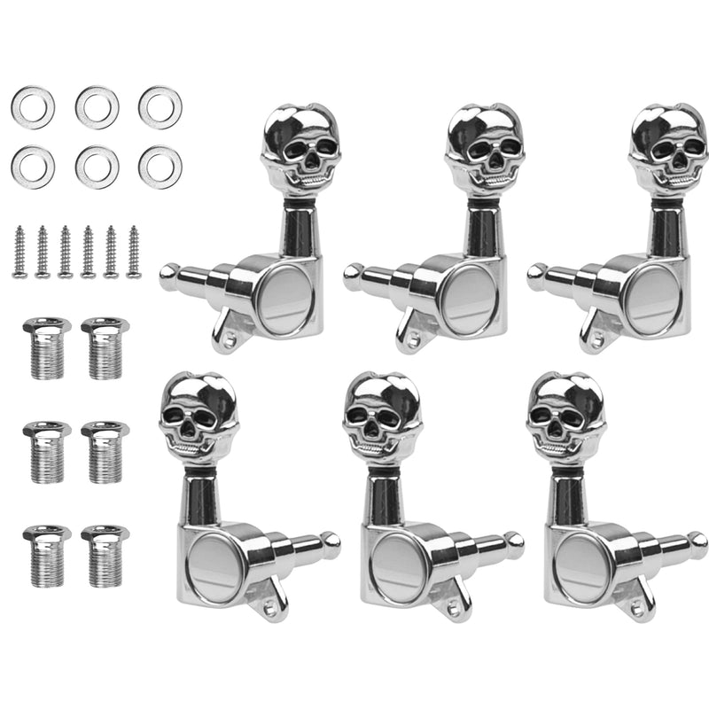 6Pcs Yootones 3L3R Skull Guitar Sealed-gear Tuning Pegs Machine Head Knobs Machine Head Tuners Compatible with Electric Guitar Acoustic Guitar Parts (Silver)