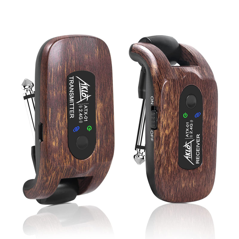 AKLOT Wireless Guitar System Transmitter Receiver Set 2.4GHz Built-in Rechargeable Lithium Battery Digital for Electric Guitar Bass Dark Brown