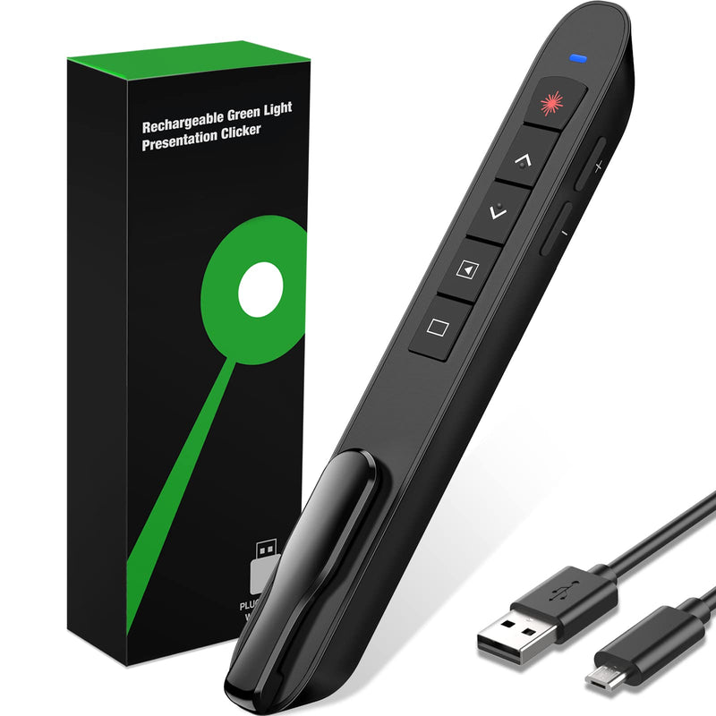 Presentation Clicker Green Laser Pointer, Rechargeable PowerPoint Clicker Wireless Presenter Remote, RF 2.4GHz USB Presentation Pointer Slide Advancer with Hyperlink Volume Control for Mac Computer Q91 Green Light