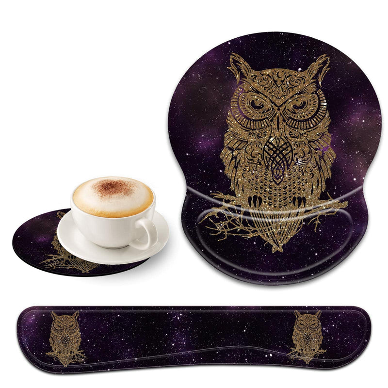 CUISHAN Ergonomic Gel Mouse Wrist Rest Pad and Keyboard Pad Set,Anti-Slip PU Bottom Easy Typing and Relieve Wrist Pain with Cute Coaster Set (3-Starry Owl) 3 Set-006