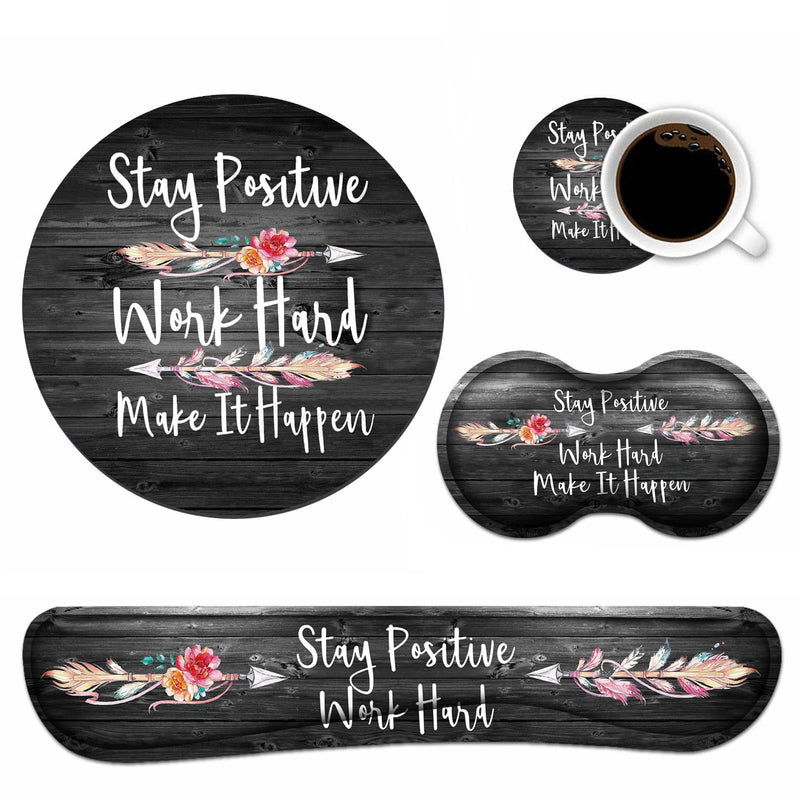 Keyboard Wrist Rest and Mouse Pad Wrist Support Set with Coasters [4Pcs], Stay Positive Work Hard and Make It Happen Inspirational Quotes Wrist Mouse Pad with Non-Slip Rubber Base for Home & Office