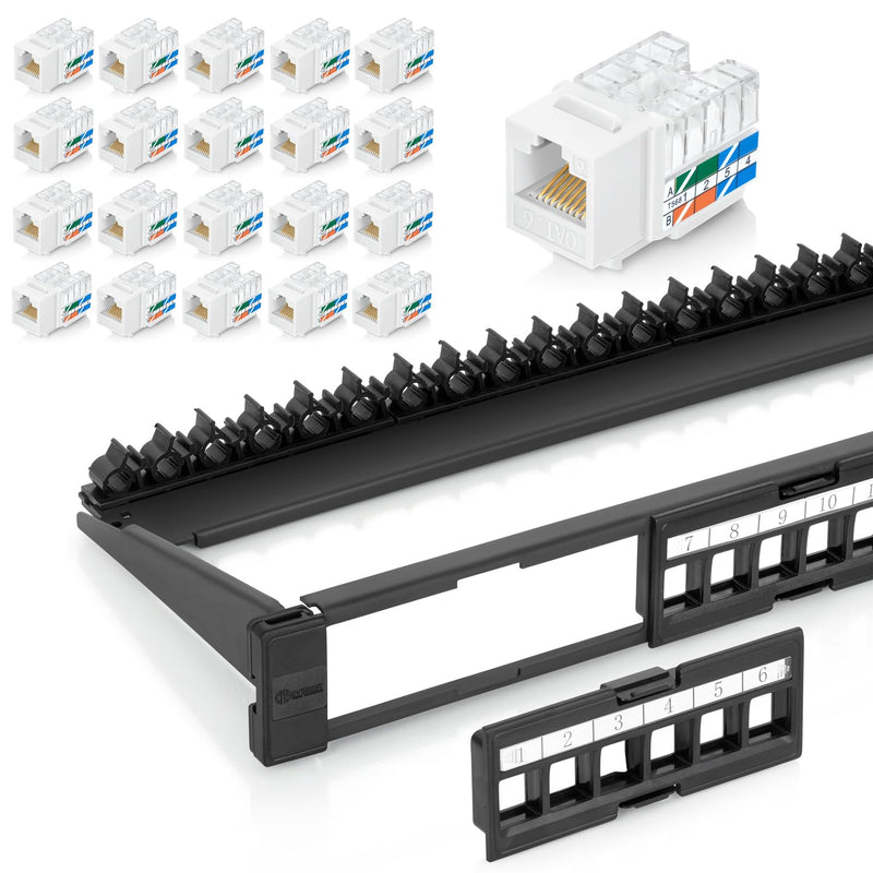 Everest Media Solutions Bundle – 2 Items: 24-Port Keystone Patch Panel + 20 Pack of RJ45 CAT6 Keystone Jacks - White
