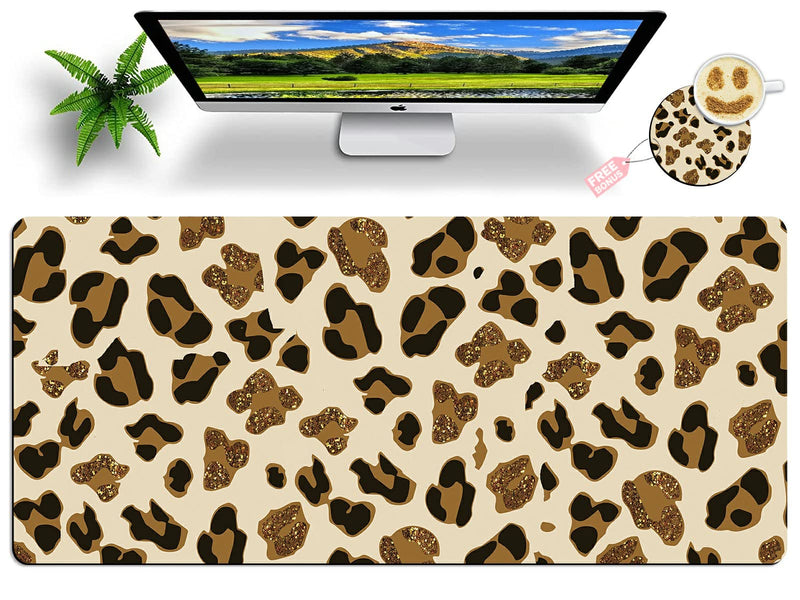 Leopard Glitter Mouse Pad Large with Coaster, 35.4"x15.7" Full Desk Mousepad Stitched Edges Non Slip Base Desk Pad Extended Large Gaming XXL Mouse Pad for Desk Office Home XXL-35.4"x15.7"x0.12" Leopard Glitter
