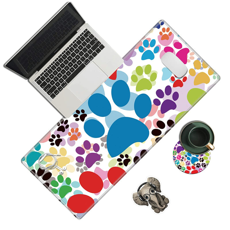 Desk Pad, Dog Pawprint Multicolor Laptop Desk Mat,Long Large Gaming Mouse Pad with Stitched Edges Non-Slip Writing Mat Desk Blotter Protector for Office Home (with Coaster & Elephant Sticker)
