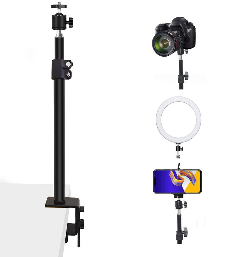 Projector Desk Mount Stand, Height Adjustable 19-27inch,Tabletop C Clamp Mount Stand,Adjustable Tripod Mount Floor Stand, with 360°Swivel Ball Head for Mini Smartphone,Projector,Camera, Webcam Black