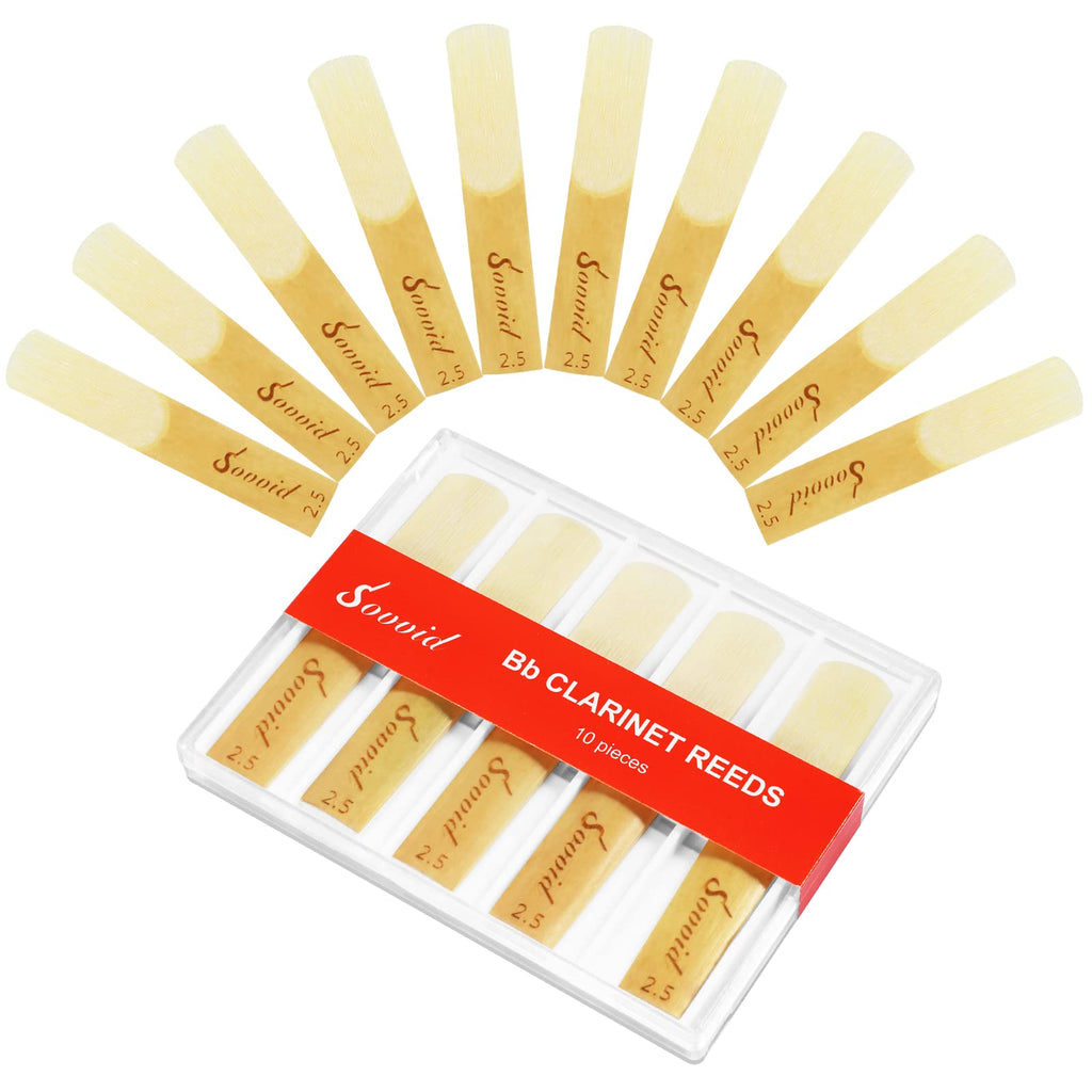 10 Pack Bb Clarinet Reeds with Plastic Box, Strength 2.5 Reeds for Clarinet, Thinner Reed Tip & Unfiled Cut for Easy of Play, Traditional Reeds for Clarinet Beginner and Player Light Brown