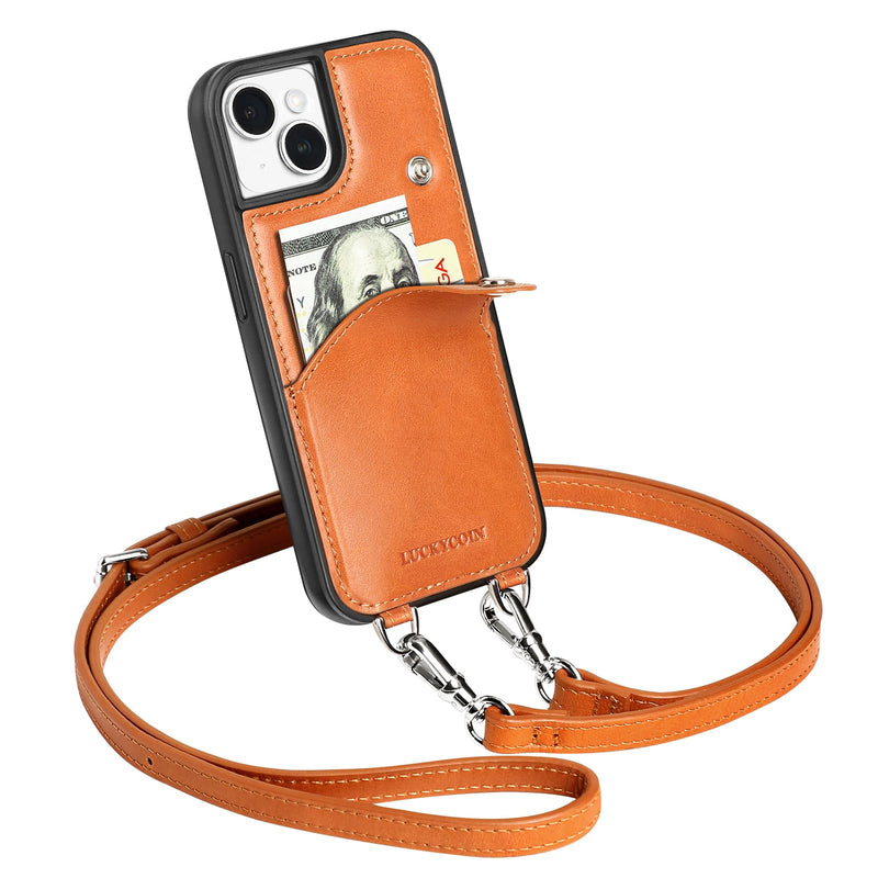 LUCKYCOIN Genuine Leather Crossbody Wallet Purse Case for iPhone 13 - Brown | 100% Genuine Leather, Wallet Phone Case for Women, Drop-Protection Phone Cover with Card Holder, Adjustable Strap, Hands-Free TAN