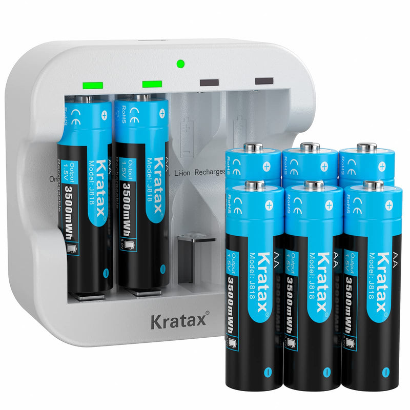 Kratax Rechargeable Lithium Batteries AA, 8 Pack 1.5V Li-ion Batteries with 2H Fast Charge, 3500mWh High-Capacity, 1600 Cycles, Long-Lasting, 3A Current Output, Constant Voltage Output for Household 8 AA batteries & Charger