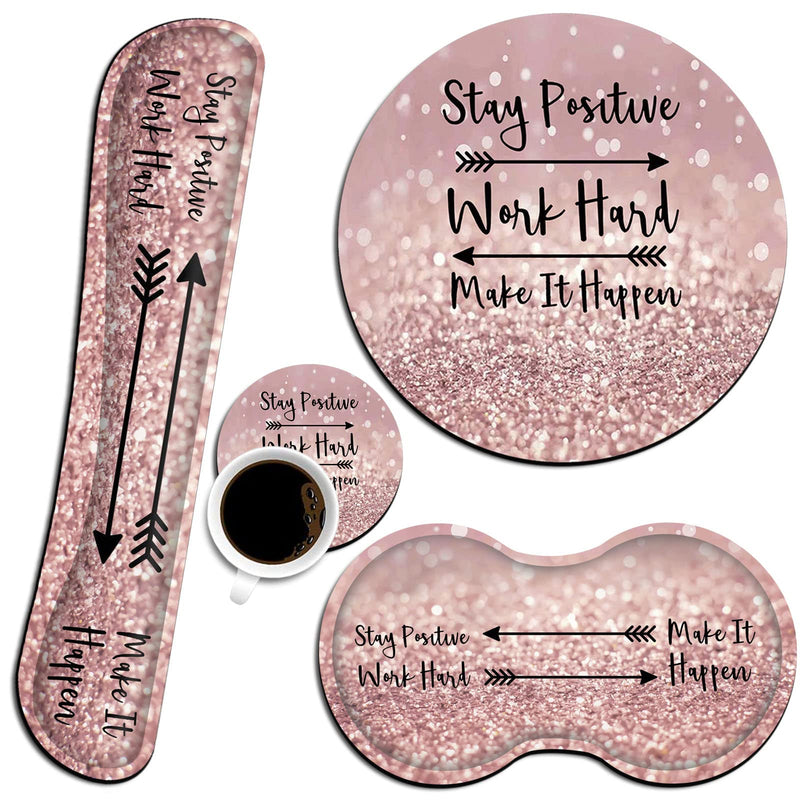 Ergonomic Mouse Pad with Wrist Support Set and Keyboard Wrist Rest Set for Laptop, Gaming and Office, Comfortable and Pain Relief + Coaster ，Stay Positive Work Hard and Make It Happen Pink Glitter Yu-mouse Pad-ba4