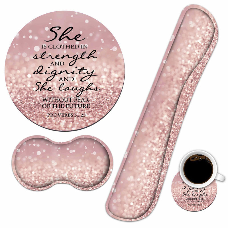 Keyboard Wrist Rest and Mouse Pad Wrist Rest Set with Coasters, Memory Foam, Easy Typing Pain Relief, 4Pcs Keyboard Mouse Pad Set for Computer, Laptop, Home & Office, Bible Verse Proverbs 31:25