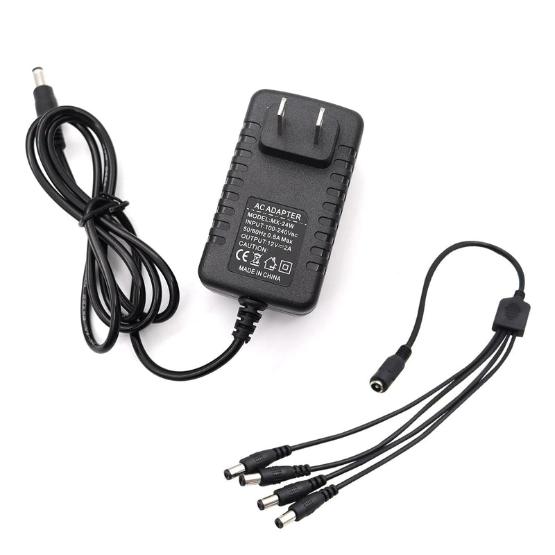 12V 2A 100V-240V AC to DC Power Adapter 5.1x2.1mm 4-Way Power Splitter Cable for CCTV/Camer/DVR H-M-026 12V 2A Power Adapter