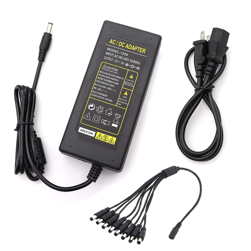 12V 5A 100V-240V AC to DC Power Adapter 5.1x2.1mm 8-Way Power Splitter Cable for CCTV/Camer/DVR H-M-025 12V 5A Power Adapter