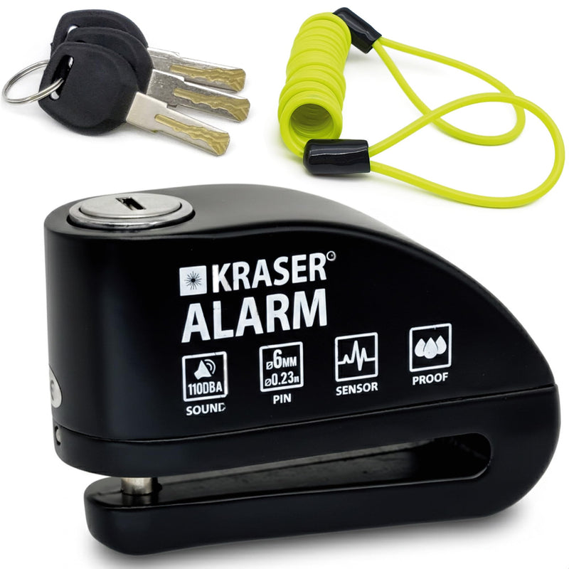 KRASER 6Y Alarm Disc Lock, Reinforced Disc Brake Lock with 3 Keys (Others 2), Heavy Duty Anti-Theft Motorcycle with Alarm,110dB, Weather-Resistant, Reminder Cable, Pouch, Motorbike Moped E-Bike Black