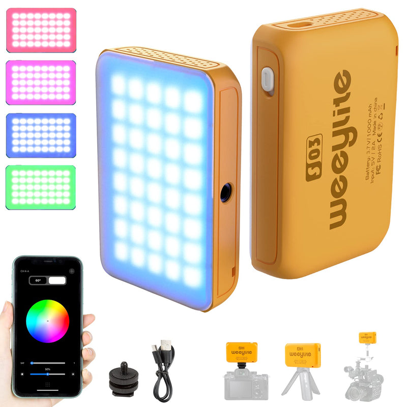 Weeylite S03 RGB Camera Light, App Control Small LED RGBW Video Light Portable Photography Lighting with Built-in Battery Type-C Charging Mini Fill Light Panel for DSLR Shooting Photoshoot Yellow