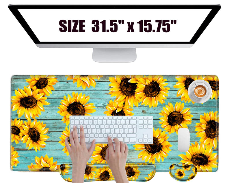 Keyboard Wrist Rest and Desk Mats On Top of Desks- Sunflower Desk Pad Wrist Rests for Keyboard and Mouse 31.5" x 15.75" Large Mouse Pad XXL Desk Organization Decor for Women Office Sunflower Teal