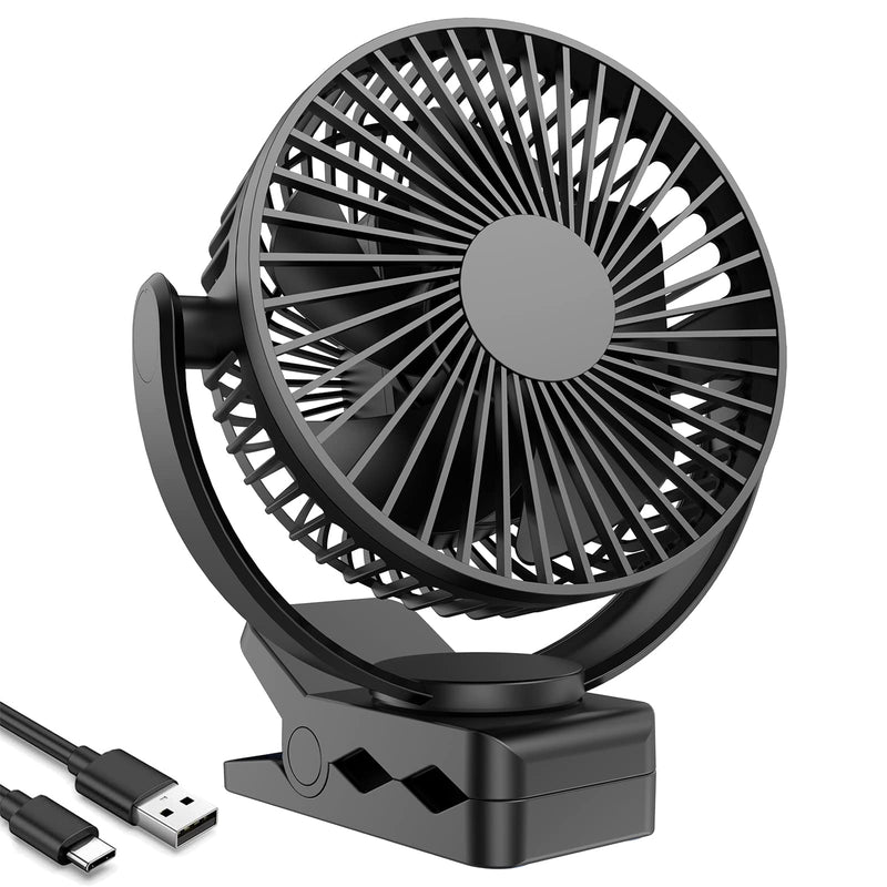 ATEngeus USB Desk Fan, 5000mAh Rechargeable Portable Fan, 5 Inch Clip-on Fan, 3 speed strong airflow, Dual 360° Rotation, with USB data cable, Suitable for home, office and stroller. (black) TF-28B-5''