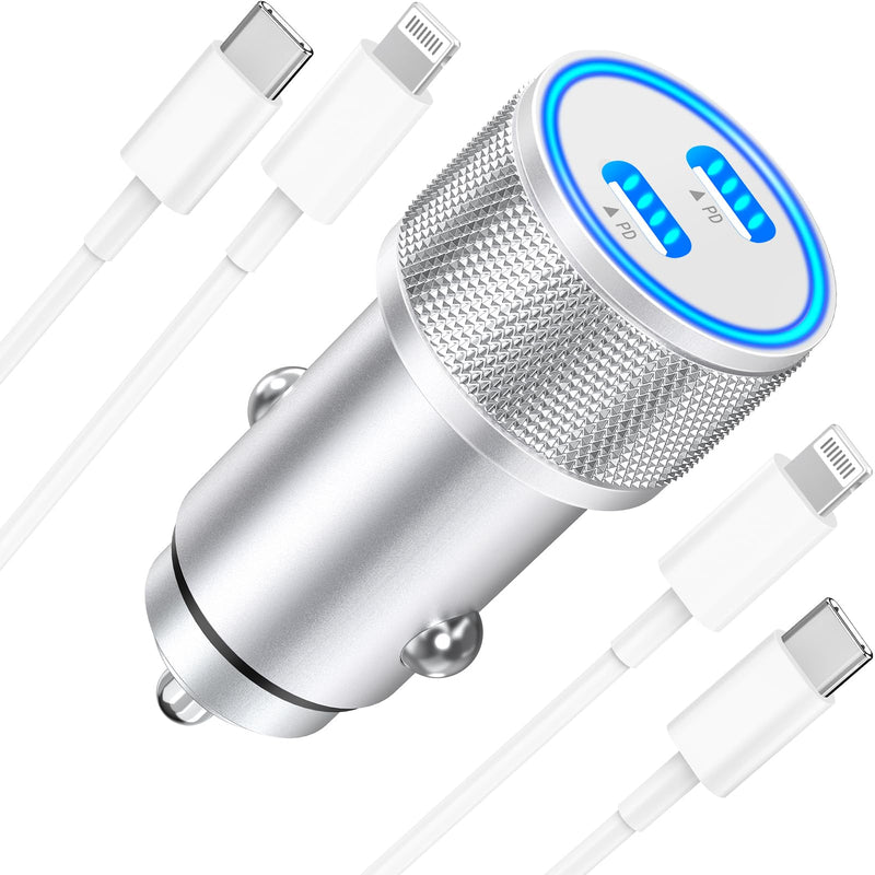 【MFi Certified】iPhone Fast Car Charger, Linocell 60W Dual PD USB-C Car Charger Fast Charging Cigarette Lighter+2Pack Type-C to Lightning Cable for iPhone 14 13 12 11 Pro XS Max Mini XR X iPad AirPods Titanium Silver