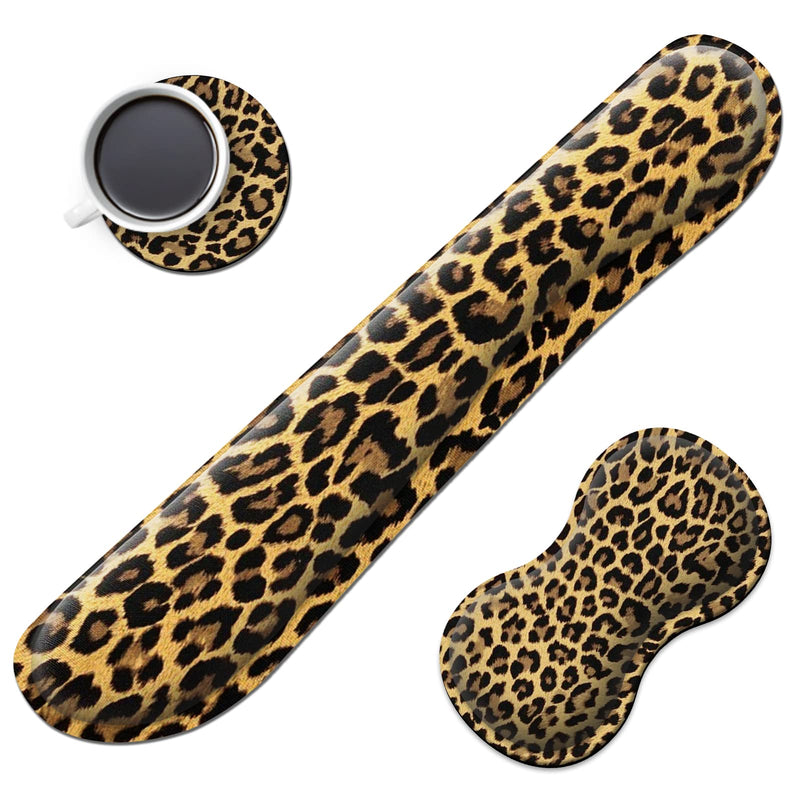 Keyboard Wrist Rest + Mouse Wrist Rest + Coaster Set, Ergonomic Memory Foam Easy Typing Pain Relief, Wrist Support Pad for Keyboard and Mouse Computer Laptop, Leopard