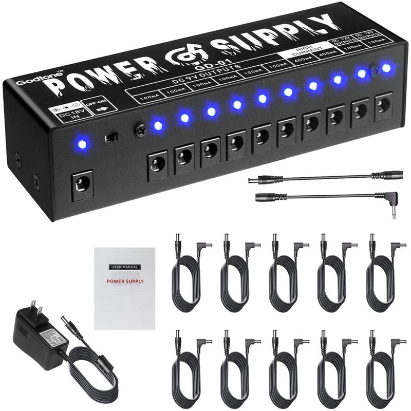 GD-01 Guitar Pedal Power Supply High Current 10 Isolated DC Output for 9V/12V/18V Effect Pedals