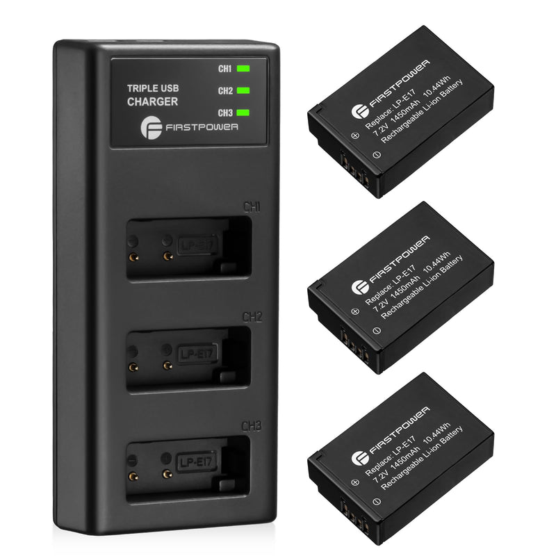 [AUSTRALIA] - FirstPower LP-E17 Battery 3-Pack and Triple Slot Charger for Canon EOS R50 R100 R10 R8 RP, Powershot V1, Rebel T8i T7i T6i T6s, SL2 SL3, EOS M3 M5 M6, M6 Mark II, 77D 200D 750D 760D 800D 8000D Camera 