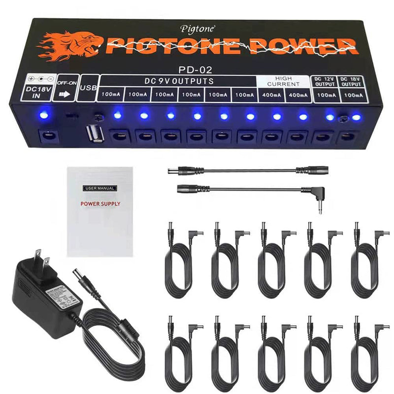 [AUSTRALIA] - Guitar Pedal Power Supply 10 Isolated DC Outputs for 9V/12V/18V Effect Pedal with USB Port PD-02 