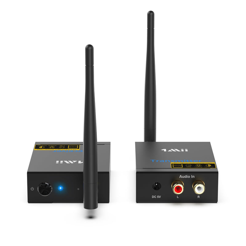 1Mii 2.4Ghz Wireless Audio Transmitter Receiver for TV, 320ft Long Range 20ms Low Delay 192kHz/24bit HiFi Audio, Wireless Adapter Kit for Subwoofer/Powered Speaker/Stereo/Soundbar, RCA(3.5mm)Out/input 2 in 1